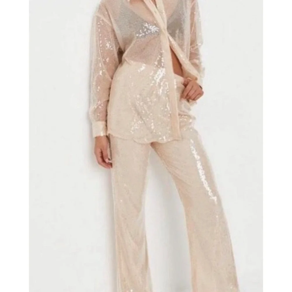 More To Come Revolve Ivory Sequin 2 Piece Sheer Button Down Shirt Pants Set M/L - Picture 2 of 11